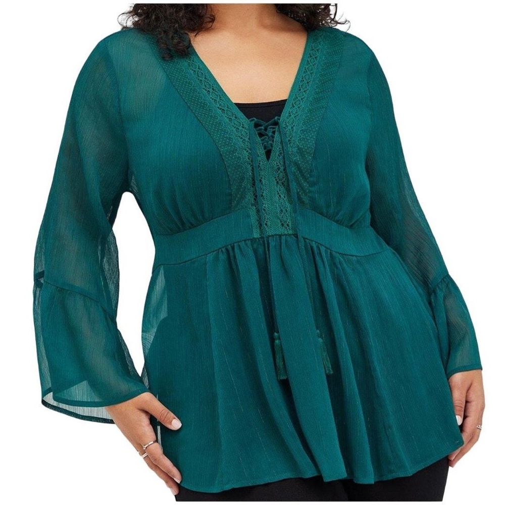 Torrid Babydoll Chiffon Lurex Crochet Detail Lace-Up Blouse Women's 1X green
